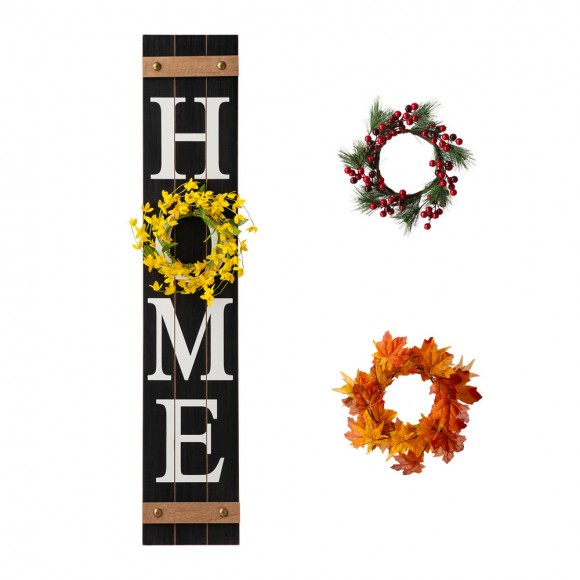 glitzhome Glitzhome 42"H Wooden Black HOME Porch Sign With 3 Interchangeable Wreathes（Spring/Fall/Christmas）