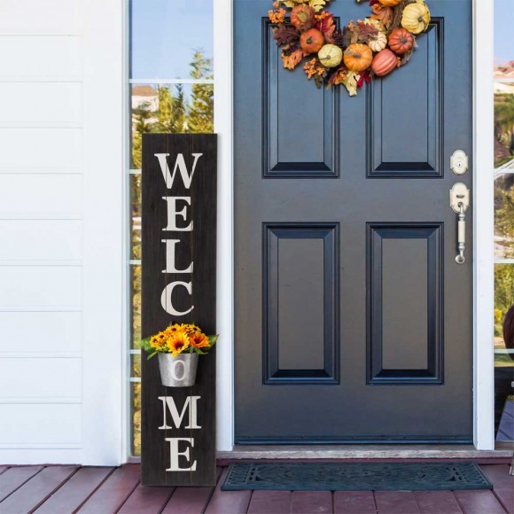 Glitzhome Glitzhome 42"H Wooden Black WELCOME Porch Sign With Metal Planter
