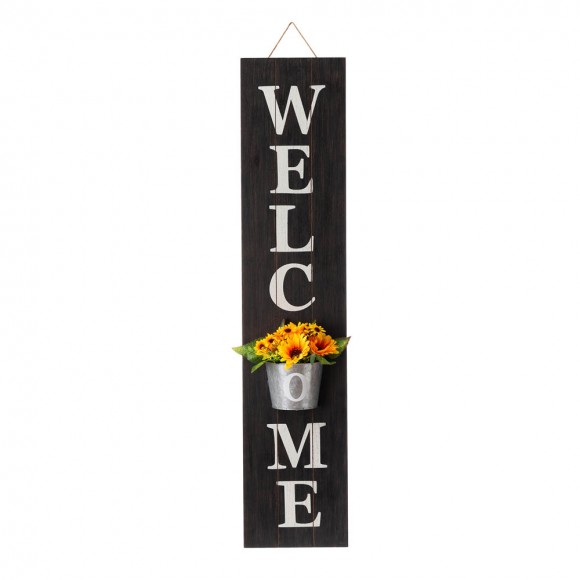 Glitzhome Glitzhome 42"H Wooden Black WELCOME Porch Sign With Metal Planter