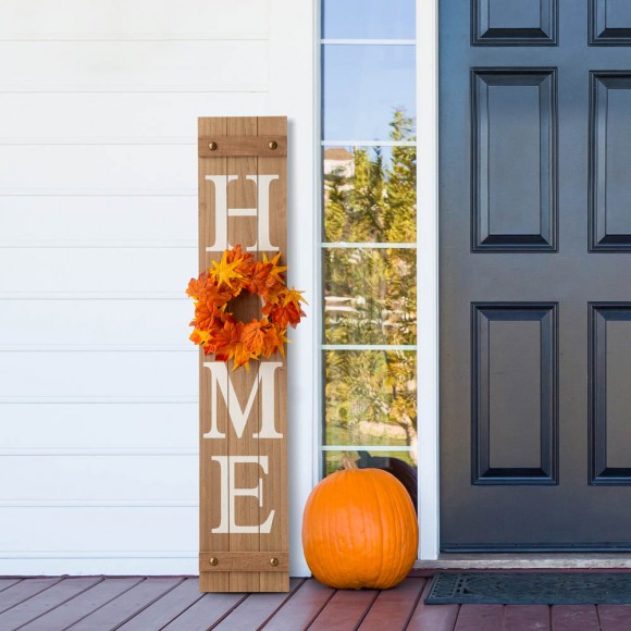 Glitzhome Glitzhome 42"H Wooden Brown HOME Porch Sign With 3 Interchangeable Wreathes（Spring/Fall/Christmas）