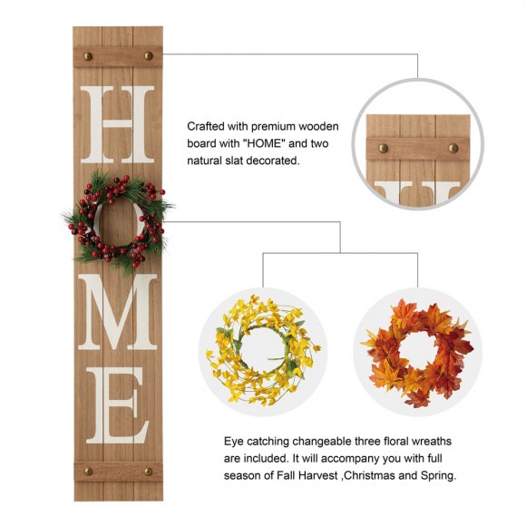 Glitzhome Glitzhome 42"H Wooden Brown HOME Porch Sign With 3 Interchangeable Wreathes（Spring/Fall/Christmas）