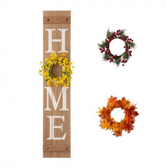 glitzhome Glitzhome 42"H Wooden Brown HOME Porch Sign With 3 Interchangeable Wreathes（Spring/Fall/Christmas）