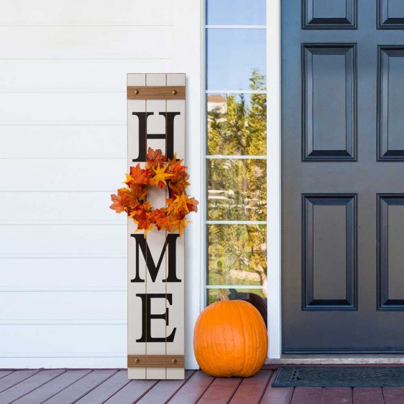 Glitzhome Glitzhome 42"H Wooden "Home" Porch Sign With 3 Interchangeable Floral Wreaths(Spring/ Fall/ Christmas)