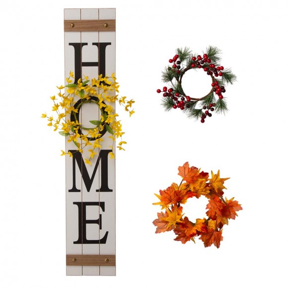 glitzhome Glitzhome 42"H Wooden "Home" Porch Sign with 3 Interchangeable Floral Wreaths（Spring/ Fall/ Christmas）