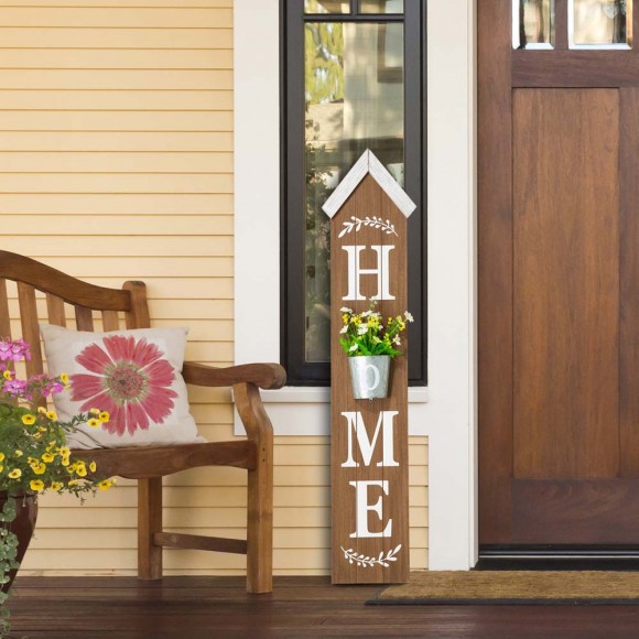 Glitzhome Glitzhome 42"H Wooden Natural "HOME" Porch Sign With Metal Planter