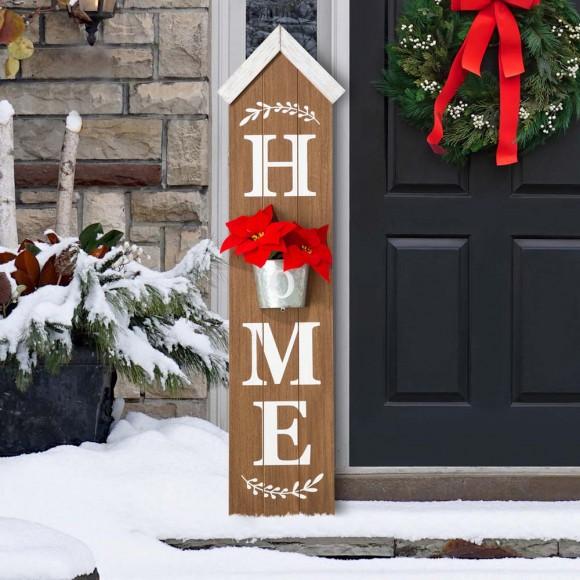 Glitzhome Glitzhome 42"H Wooden Natural "HOME" Porch Sign With Metal Planter