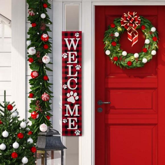 Glitzhome Glitzhome 42"H Wooden Plaid Pet Paw "WELCOME" Porch Sign Board