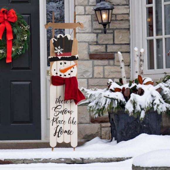Glitzhome Glitzhome 42"H Wooden Sleigh Christmas Snowman Porch Sign