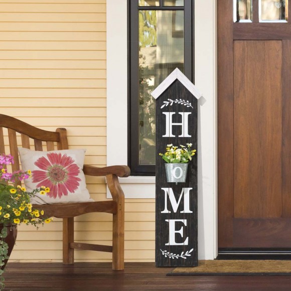 Glitzhome Glitzhome 42"H Wooden Washed Black "HOME" Porch Sign With Metal Planter