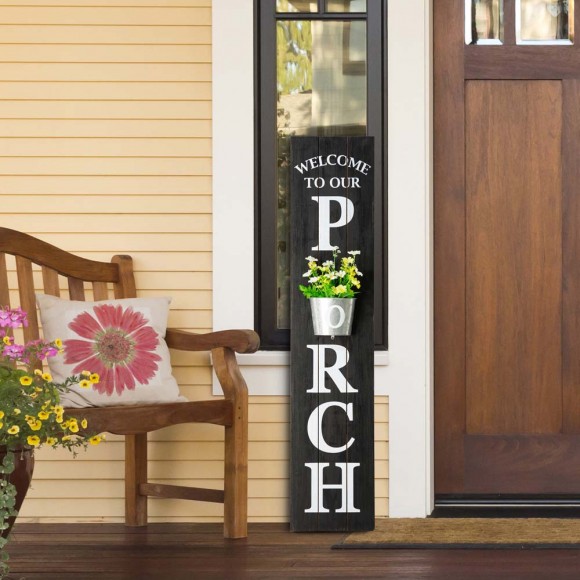 Glitzhome Glitzhome 42"H Wooden Washed Black "WELCOME TO OUR PORCH" Porch Sign With Metal Planter