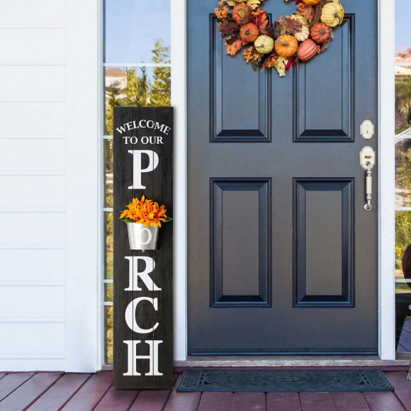 Glitzhome Glitzhome 42"H Wooden Washed Black "WELCOME TO OUR PORCH" Porch Sign With Metal Planter