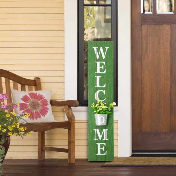 Glitzhome Glitzhome 42"H Wooden Washed Green "WELCOME" Porch Sign With Metal Planter