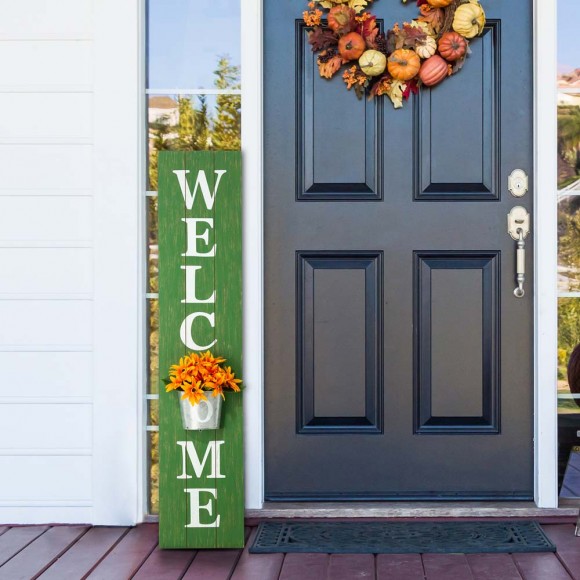 Glitzhome Glitzhome 42"H Wooden Washed Green "WELCOME" Porch Sign With Metal Planter