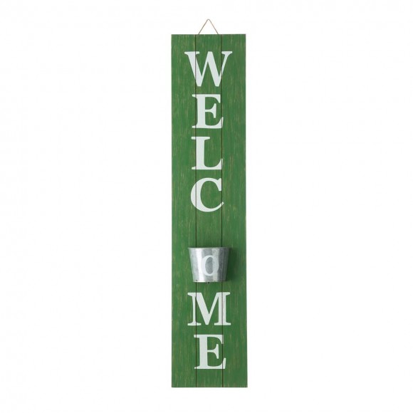 glitzhome Glitzhome 42"H Wooden Washed Green "WELCOME" Porch Sign with Metal Planter
