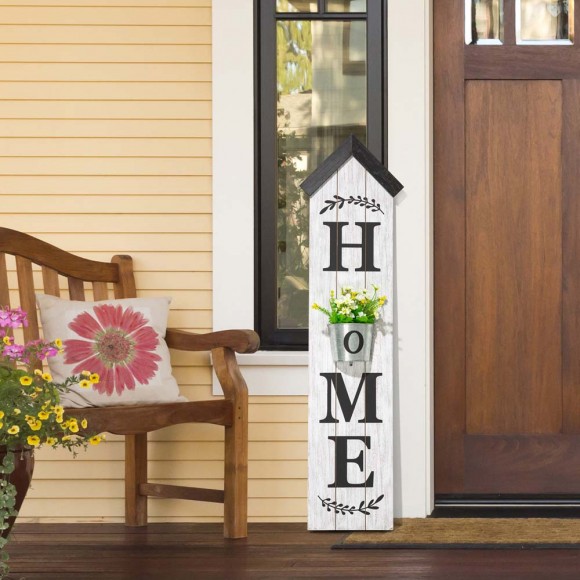 Glitzhome Glitzhome 42"H Wooden Washed White "HOME" Porch Sign With Metal Planter