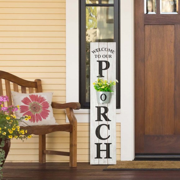 Glitzhome Glitzhome 42"H Wooden Washed White "WELCOME TO OUR PORCH" Porch Sign With Metal Planter