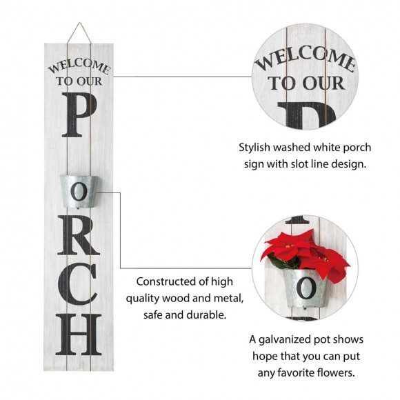 Glitzhome Glitzhome 42"H Wooden Washed White "WELCOME TO OUR PORCH" Porch Sign With Metal Planter