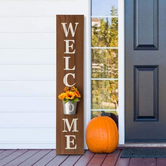 Glitzhome Glitzhome 42"H Wooden "WELCOME" Porch Sign With Metal Planter