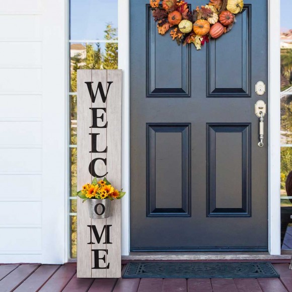 Glitzhome Glitzhome 42"H Wooden White WELCOME Porch Sign With Metal Planter