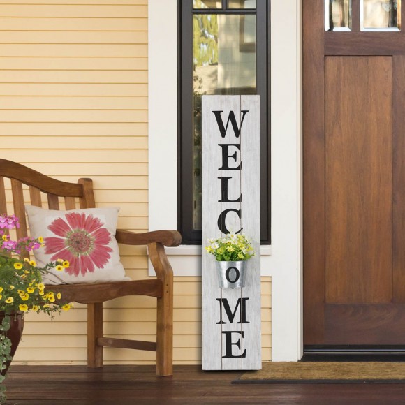 Glitzhome Glitzhome 42"H Wooden White WELCOME Porch Sign With Metal Planter