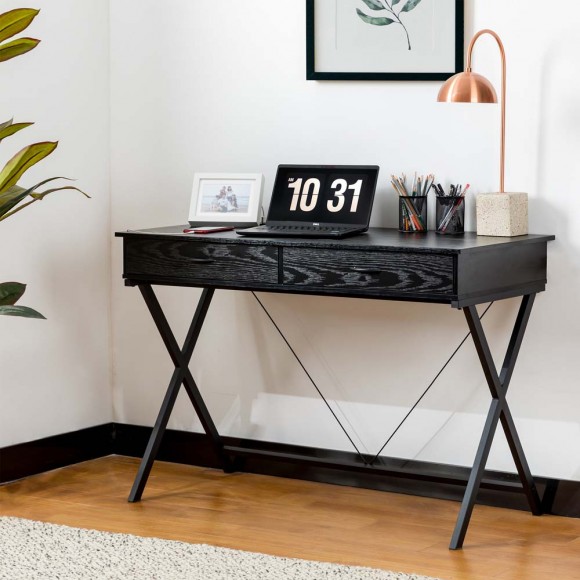Glitzhome Glitzhome 43.25"L Modern Industrial Black Wood/Metal Writing Desk With 1 Outlets And 2 USB Charging Ports