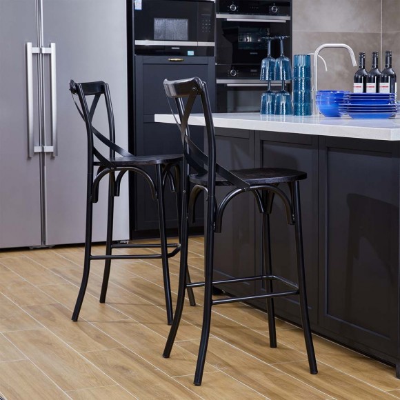 Glitzhome Glitzhome 43"H Black Steel Bar Stool With X Shaped Back And Solid Elm Wood Seat Set Of 2