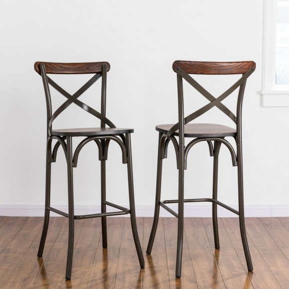 Glitzhome Glitzhome 43"H Rustic Steel Bar Stool With Solid Elm Wood Seat And Back Support Set Of 2