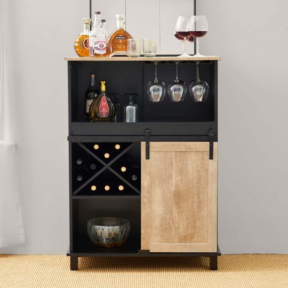 Glitzhome Glitzhome 44.00"H Black And Light Two-color High Wine Cabinet With One Sliding Barn Door