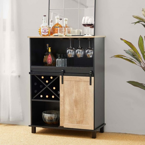Glitzhome Glitzhome 44.00"H Black And Light Two-color High Wine Cabinet With One Sliding Barn Door