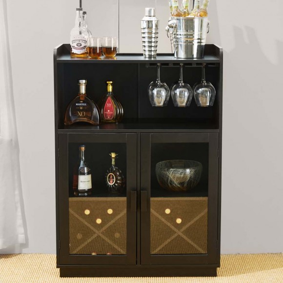 Glitzhome Glitzhome 44.00"H Black High Wine Cabinet With 2 Built-in X Shaped Storage Racks And 2 Glass Doors