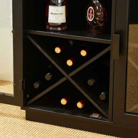 Glitzhome Glitzhome 44.00"H Black High Wine Cabinet With 2 Built-in X Shaped Storage Racks And 2 Glass Doors