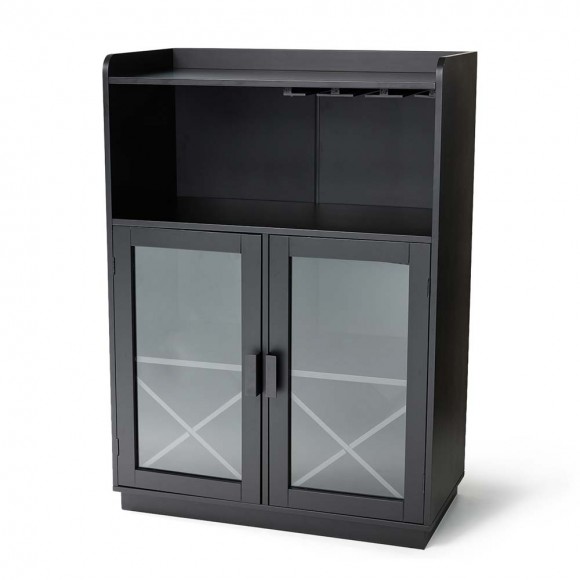 glitzhome Glitzhome 44.00"H Black High Wine Cabinet with 2 Built-in X Shaped Storage Racks and 2 Glass Doors