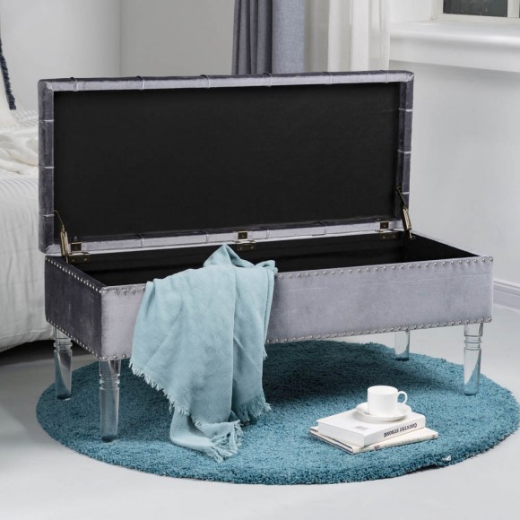 Glitzhome Glitzhome 44.88"L Grey Padded Velvet Storage Ottoman Bench With Acrylic Legs
