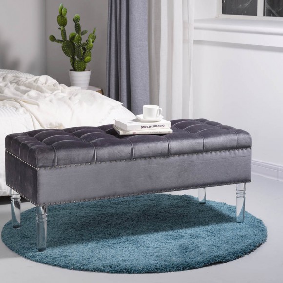 Glitzhome Glitzhome 44.88"L Grey Padded Velvet Storage Ottoman Bench With Acrylic Legs