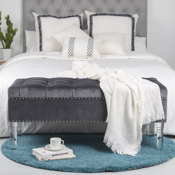 Glitzhome Glitzhome 44.88"L Grey Padded Velvet Storage Ottoman Bench With Acrylic Legs