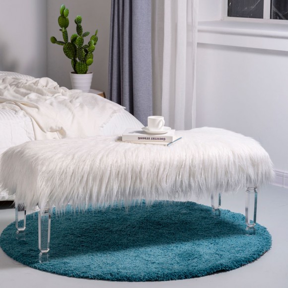 Glitzhome Glitzhome 44.88"L White Faux Fur Acrylic Bench With Acrylic Legs