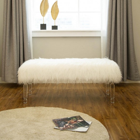 Glitzhome Glitzhome 44.88"L White Faux Fur Acrylic Bench With Acrylic Legs
