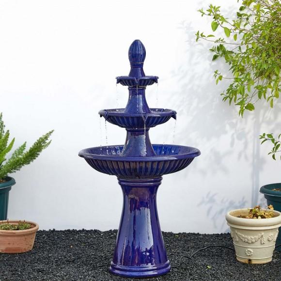 Glitzhome Glitzhome 45.25"H Oversized Cobalt Blue 3-Tier Ceramic Outdoor Fountain With Pump And LED Light
