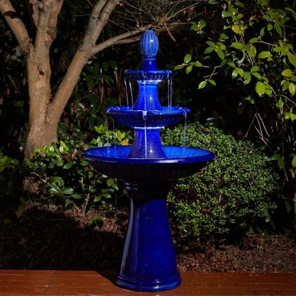 Glitzhome Glitzhome 45.25"H Oversized Cobalt Blue 3-Tier Ceramic Outdoor Fountain With Pump And LED Light