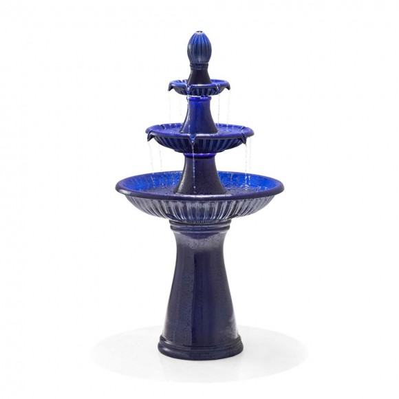 glitzhome Glitzhome 45.25"H Oversized Cobalt Blue 3-Tier Ceramic Outdoor Fountain with Pump and LED Light