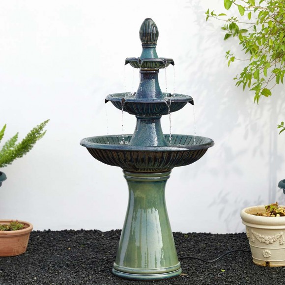 Glitzhome Glitzhome 45.25"H Oversized Turquoise 3-Tier Ceramic Outdoor Fountain With Pump And LED Light