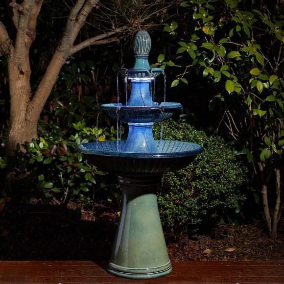 Glitzhome Glitzhome 45.25"H Oversized Turquoise 3-Tier Ceramic Outdoor Fountain With Pump And LED Light
