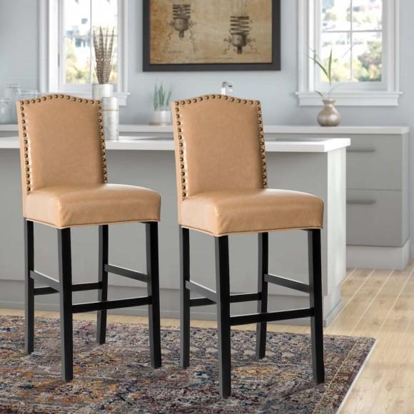 Glitzhome Glitzhome 45"H Beige PU Leather Upholstered Bar Chair With Studded Decor Set Of 2