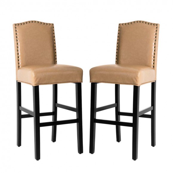 Glitzhome Glitzhome 45"H Beige PU Leather Upholstered Bar Chair With Studded Decor Set Of 2