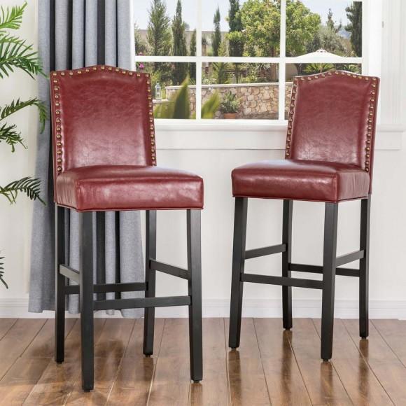 Glitzhome Glitzhome 45"H Burgundy PU Leather Upholstered Bar Chair With Studded Decor Set Of 2