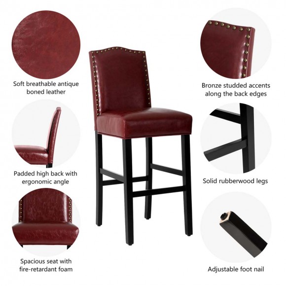 Glitzhome Glitzhome 45"H Burgundy PU Leather Upholstered Bar Chair With Studded Decor Set Of 2