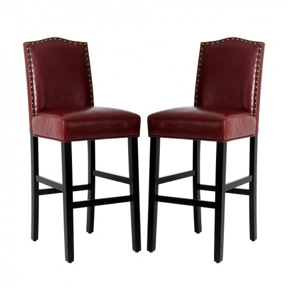 glitzhome Glitzhome 45"H Burgundy PU Leather Upholstered Bar Chair with Studded Decor Set of 2