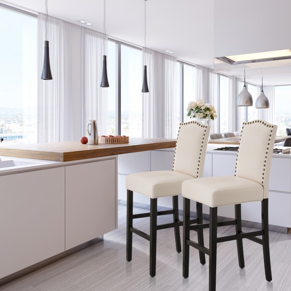 Glitzhome Glitzhome 45"H Cream White Leatherette High-Back Barchair With Studded Decoration Set Of 2