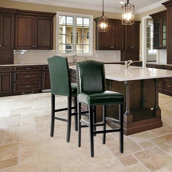 Glitzhome Glitzhome 45"H Hunter Green PU Leather Upholstered Bar Chair With Studded Decor Set Of 2