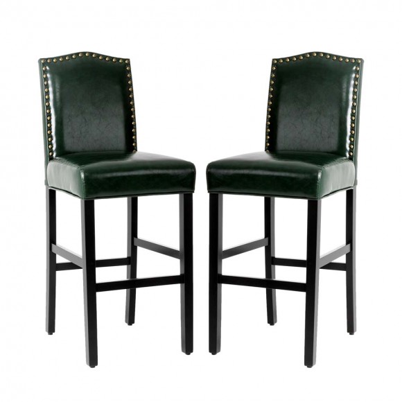 glitzhome Glitzhome 45"H Hunter Green PU Leather Upholstered Bar Chair with Studded Decor Set of 2